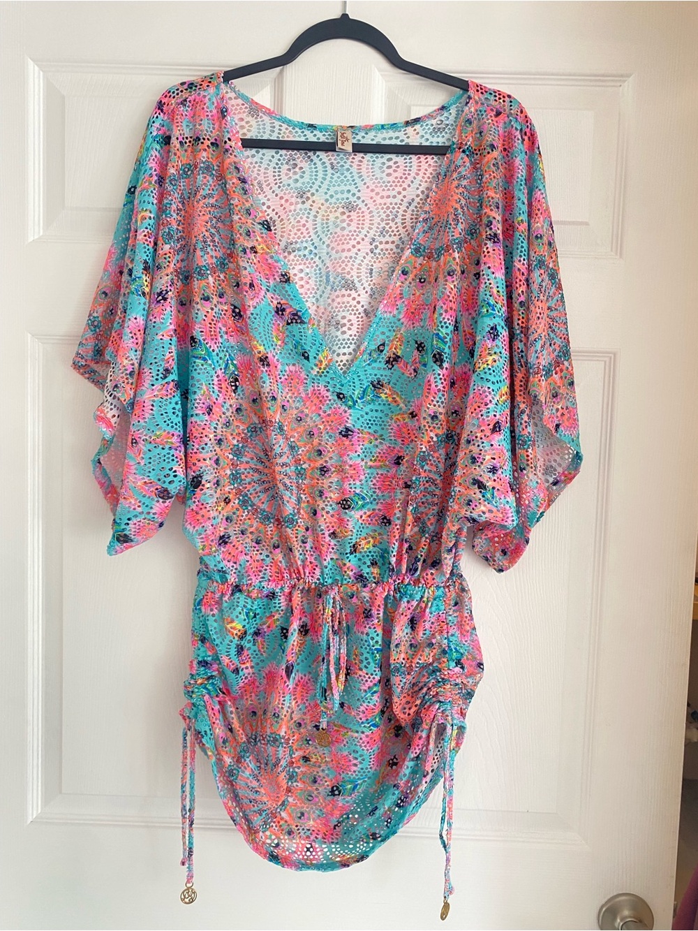 Luli Fama Crochet Groovy Cabana V Neck Cover-Up in Aqua, Coral & Pink